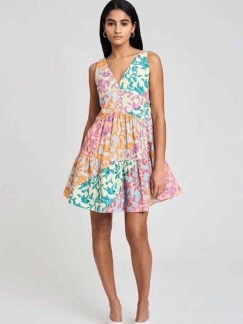 Derek Lam 10 Crosby Colette Poplin Multicolor Printed Mini Dress V-Neck Size 2
